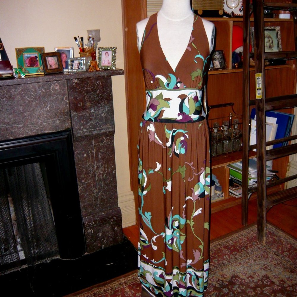 Jones New York brown, teal formal halter maxi dress size 4